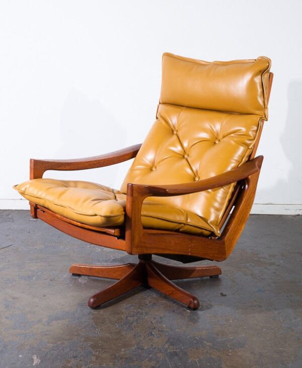 Mid century danish modern lounge chair recliner solid teak lied mobler ottoman mustard yellow leather swivel base time capsule condition