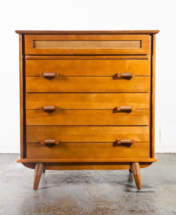 Mid Century Modern Dresser Highboy Solid Cherry Wood Vintage Danish Tallboy Mcm Four Drawer Rope Handles Rare Danish Modern 4 Drawer Stamped - Image 3