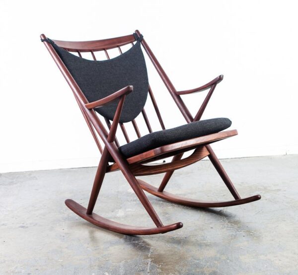 Mid Century Danish Modern Rocking Chair Frank Reenskaug Bramin Solid Teak Wood Rocker Black Tweed Restored Denmark Arm Lounge Easy Vintage
