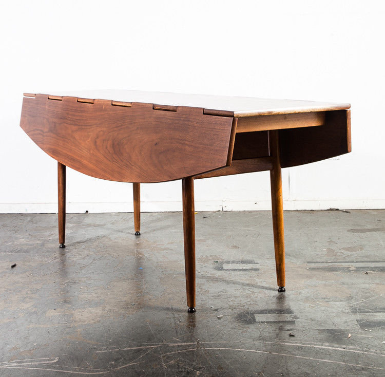 Mid century modern dining table drexel parallel leafs fold up walnut vintage Barney Flagg signed Scandanavian restored Danish modern extend