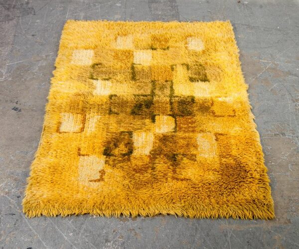 Mid Century Danish Modern Shag Rug Carpet Rya Ege Yellow Green Wool Hand Knotted Abstract 3x5' Runner Denmark Vintage Bright Tapestry