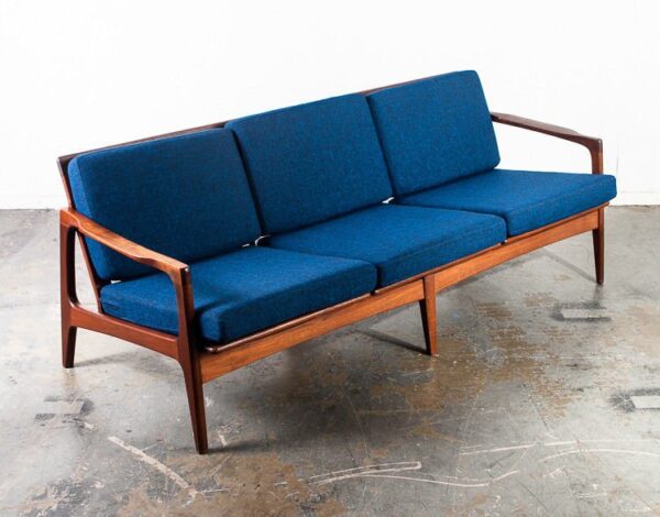 Mid century danish modern sofa couch solid teak japan vintage 3 seat blue tweed japanese modern sculpted arms unique design living room seat