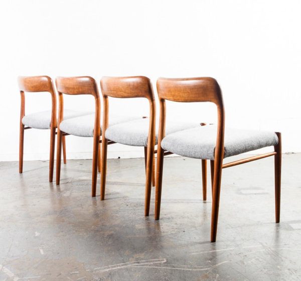 Mid century danish modern dining chairs set 4 niels moller j l 75 grey solid teak wood Wool Tweed Reupholstered Denmark Vintage Side - Image 2