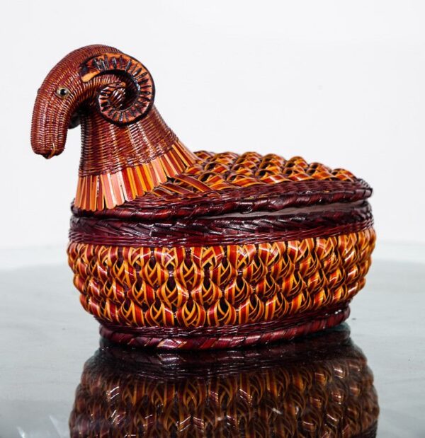 Mid century modern ram wicker rattan basket box mcm scandanavian weave bojesen hand woven handmade lidded bamboo animal shaped bojesen era