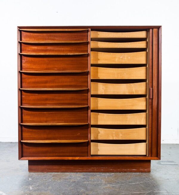 Mid century danish modern highboy dresser falster manufacturer tambour door solid teak large 17 drawer 9 hidden drawers functional design