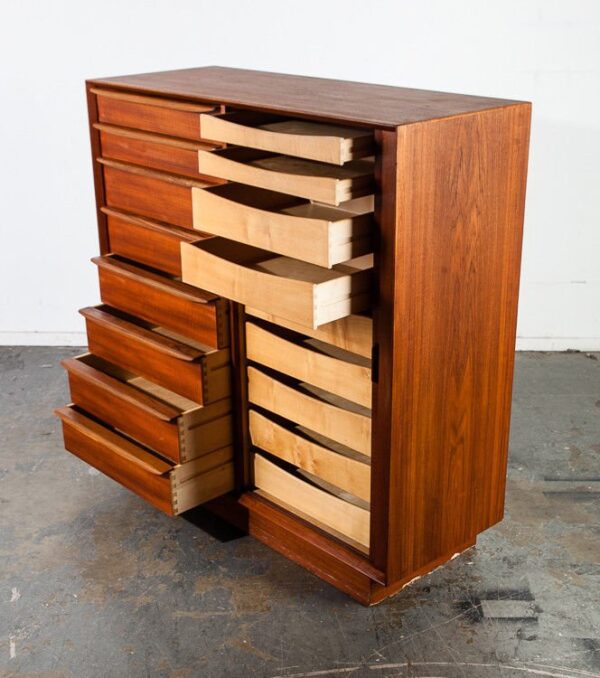 Mid century danish modern highboy dresser falster manufacturer tambour door solid teak large 17 drawer 9 hidden drawers functional design