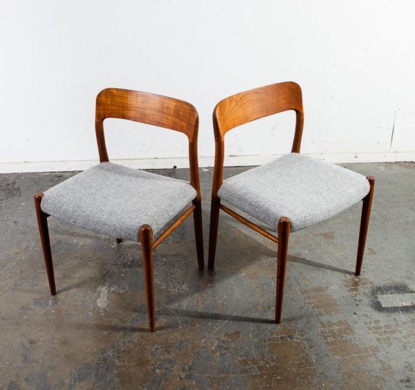 Mid century danish modern dining chairs set 4 niels moller j l 75 grey solid teak wood Wool Tweed Reupholstered Denmark Vintage Side - Image 7