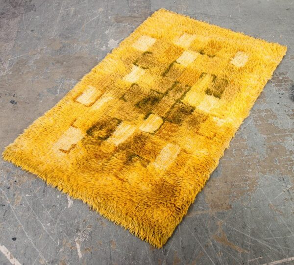 Mid Century Danish Modern Shag Rug Carpet Rya Ege Yellow Green Wool Hand Knotted Abstract 3x5' Runner Denmark Vintage Bright Tapestry