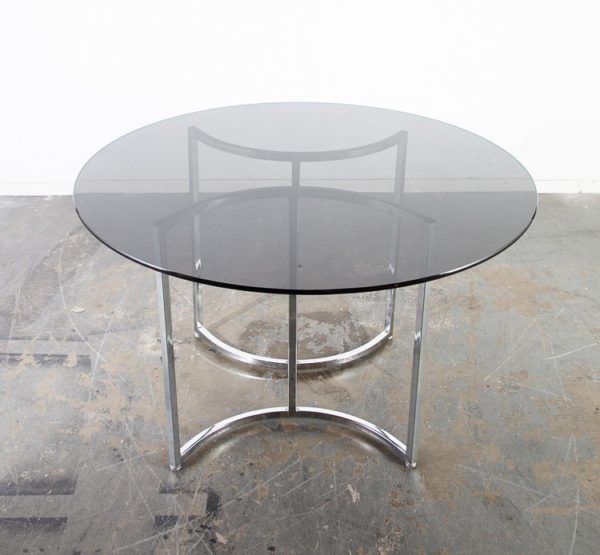 Mid Century Modern Dining Table Round Smoked Glass Chrome Milo Baughman Cal-Style Vintage - Image 3