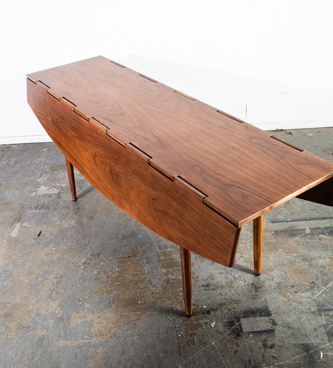 Mid century modern dining table drexel parallel leafs fold up walnut vintage Barney Flagg signed Scandanavian restored Danish modern extend