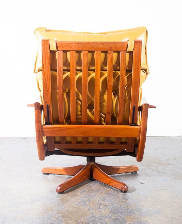 Mid century danish modern lounge chair recliner solid teak lied mobler ottoman mustard yellow leather swivel base time capsule condition