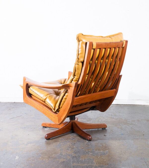 Mid century danish modern lounge chair recliner solid teak lied mobler ottoman mustard yellow leather swivel base time capsule condition