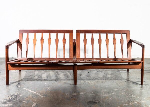Mid century danish modern sofa couch solid teak japan vintage 3 seat blue tweed japanese modern sculpted arms unique design living room seat