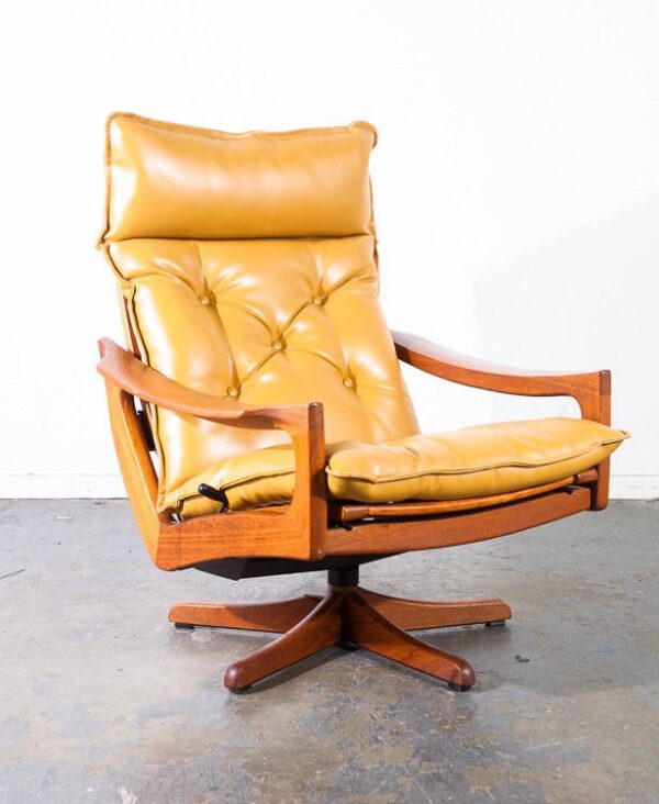 Mid century danish modern lounge chair recliner solid teak lied mobler ottoman mustard yellow leather swivel base time capsule condition