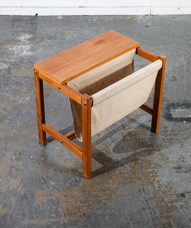 Mid century danish modern magazine rack side table teak Domi Horsens Denmark Mcm Small Wood Sweden Norway Scandanavian Canvas Brown White