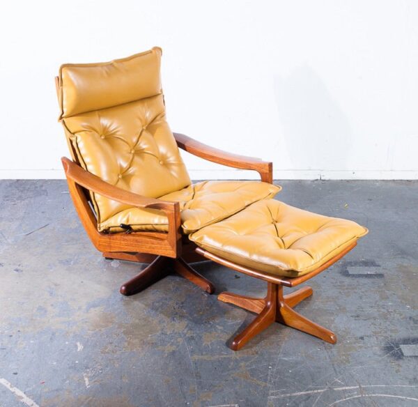 Mid century danish modern lounge chair recliner solid teak lied mobler ottoman mustard yellow leather swivel base time capsule condition