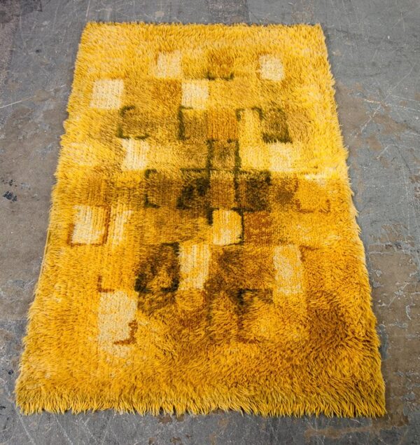 Mid Century Danish Modern Shag Rug Carpet Rya Ege Yellow Green Wool Hand Knotted Abstract 3x5' Runner Denmark Vintage Bright Tapestry