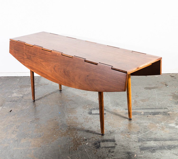 Mid century modern dining table drexel parallel leafs fold up walnut vintage Barney Flagg signed Scandanavian restored Danish modern extend