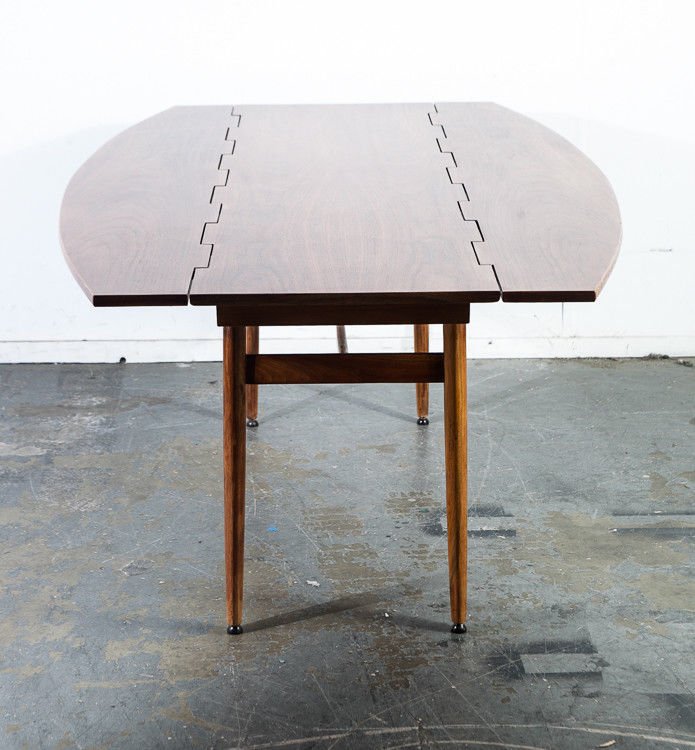 Mid century modern dining table drexel parallel leafs fold up walnut vintage Barney Flagg signed Scandanavian restored Danish modern extend