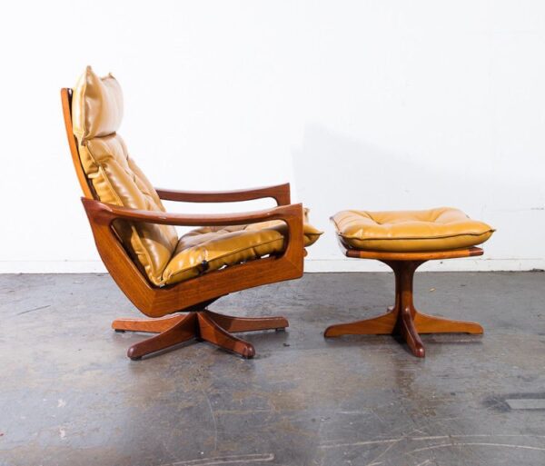 Mid century danish modern lounge chair recliner solid teak lied mobler ottoman mustard yellow leather swivel base time capsule condition