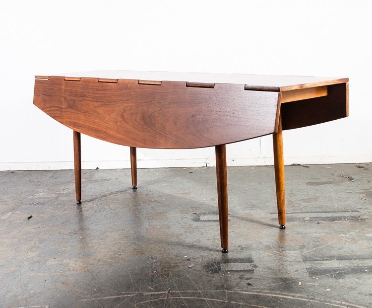 Mid century modern dining table drexel parallel leafs fold up walnut vintage Barney Flagg signed Scandanavian restored Danish modern extend