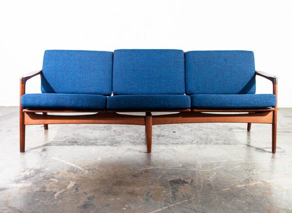 Mid century danish modern sofa couch solid teak japan vintage 3 seat blue tweed japanese modern sculpted arms unique design living room seat