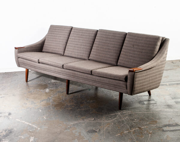 Mid Century Danish Modern Sofa Couch with Solid Teak Paws Arms Large 4 Seater