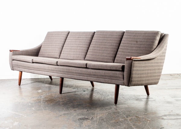Mid Century Danish Modern Sofa Couch with Solid Teak Paws Arms Large 4 Seater