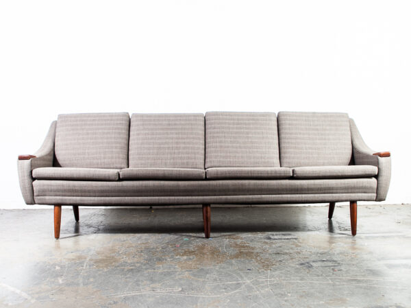 Mid Century Danish Modern Sofa Couch with Solid Teak Paws Arms Large 4 Seater