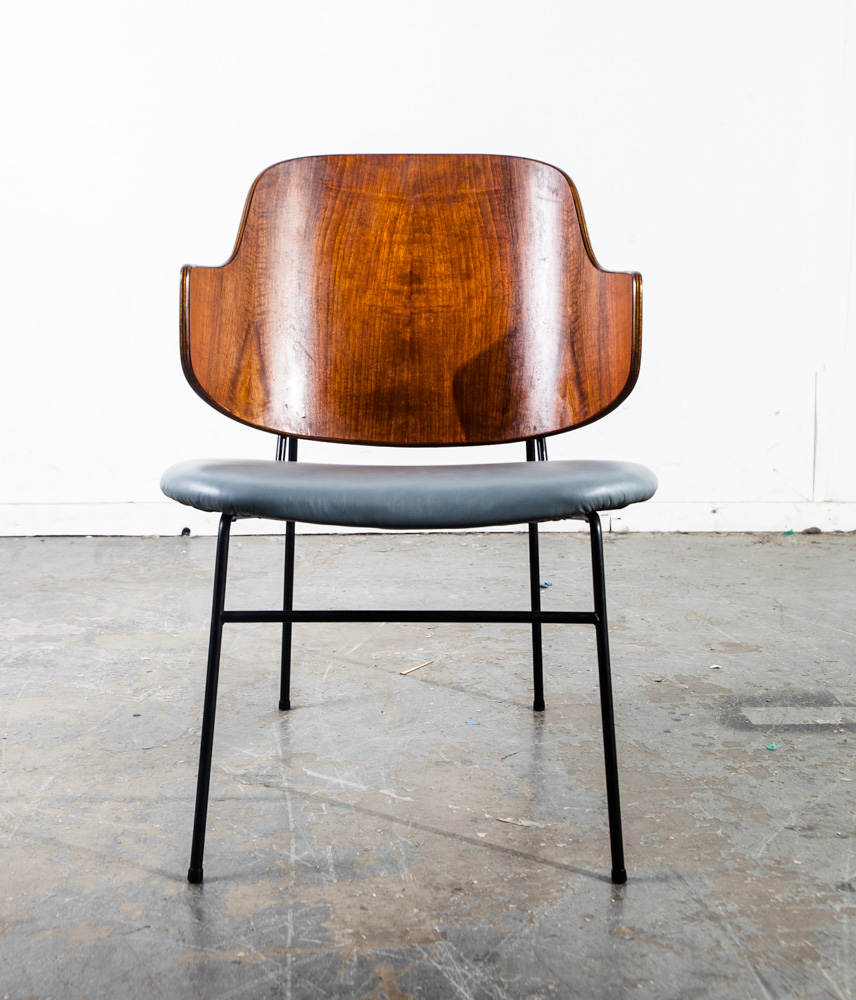 Mid Century Danish Modern Lounge Chair Penguin Ib Kofod Larsen Walnut Wood Gray Leather Dark Denmark Vintage - Image 4