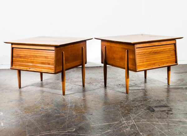 Mid Century Modern Nightstands End Side Tables Tambour Doors Maple Wakefield Mcm Solid Wood Sliding Pair Two Vintage Retro 50s 60s