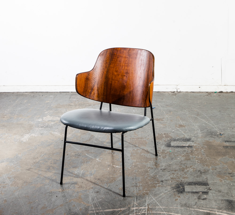 Mid Century Danish Modern Lounge Chair Penguin Ib Kofod Larsen Walnut Wood Gray Leather Dark Denmark Vintage