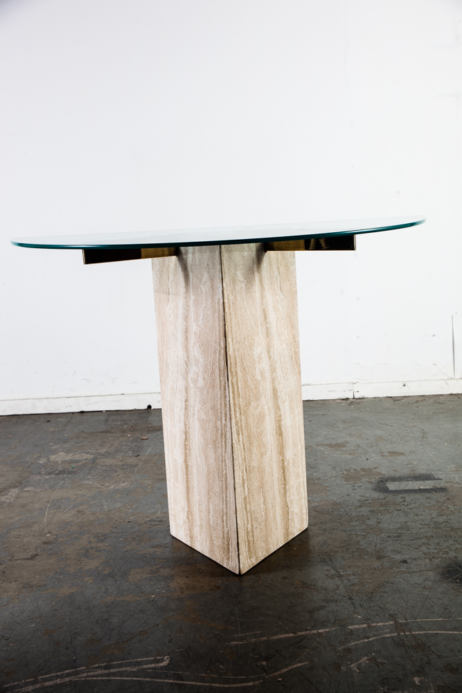 Mid Century Modern Entry Table Side End Travertine Stone Italian Glass Vintage Console Display Italy Design Stone - Image 4