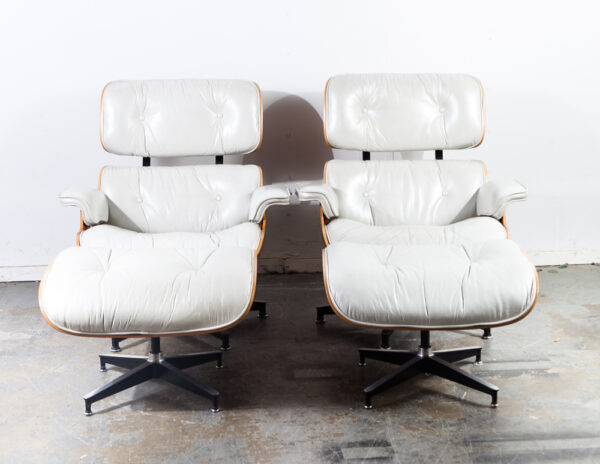 Mid Century Modern Lounge Chair Set Eames Herman Miller White Leather Pair Set Authentic Vintage Two 670 671 Cherry Wood - Image 4
