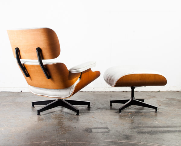 Mid Century Modern Lounge Chair Set Eames Herman Miller White Leather Pair Set Authentic Vintage Two 670 671 Cherry Wood - Image 8