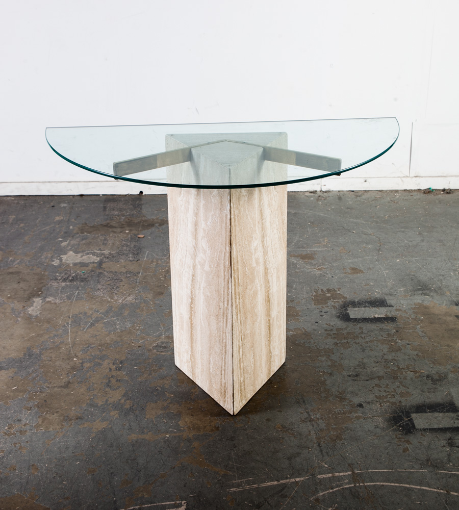 Mid Century Modern Entry Table Side End Travertine Stone Italian Glass Vintage Console Display Italy Design Stone