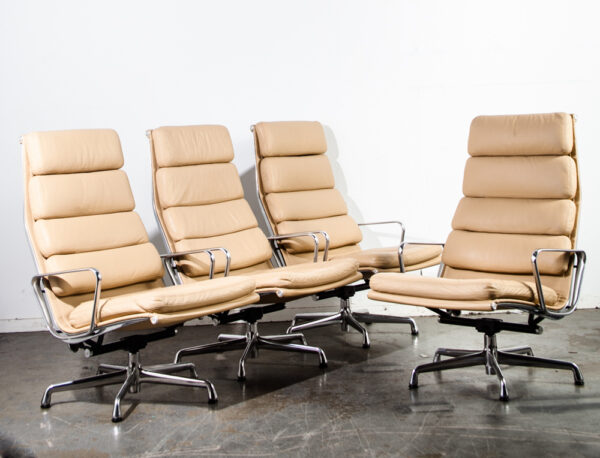 Mid Century Modern Lounge Chair Set 4 Eames Soft Pad High Herman Miller Beige Leather Arm Chair Vintage 5 Star Base - Image 2