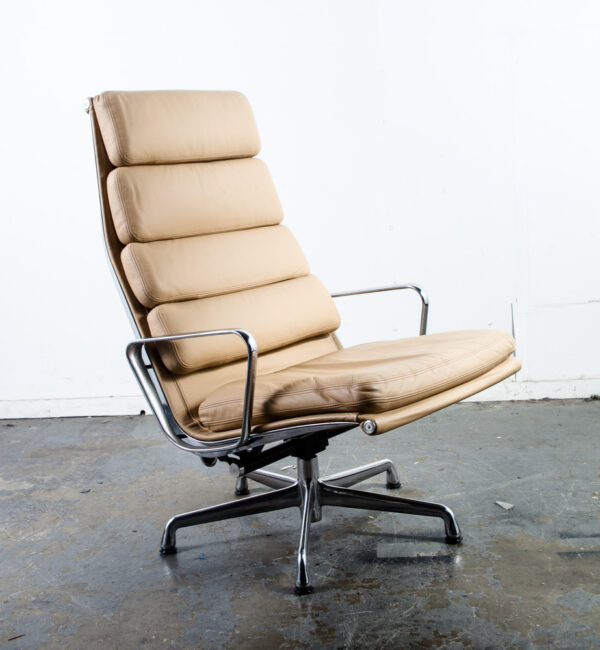 Mid Century Modern Lounge Chair Eames Soft Pad High Herman Miller Beige Leather Armchair Vintage 5 Star Base - Image 3