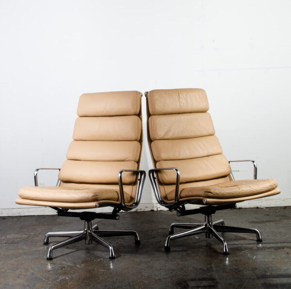 Mid Century Modern Lounge Chair Set 4 Eames Soft Pad High Herman Miller Beige Leather Arm Chair Vintage 5 Star Base - Image 3