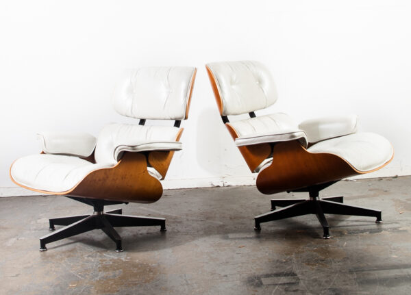 Mid Century Modern Lounge Chair Set Eames Herman Miller White Leather Pair Set Authentic Vintage Two 670 671 Cherry Wood