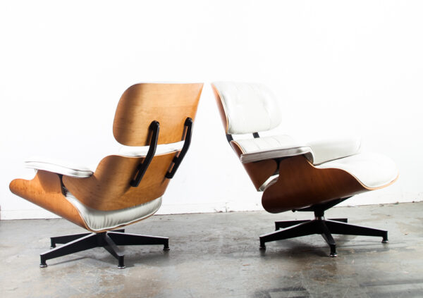 Mid Century Modern Lounge Chair Set Eames Herman Miller White Leather Pair Set Authentic Vintage Two 670 671 Cherry Wood - Image 3