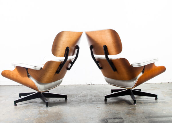 Mid Century Modern Lounge Chair Set Eames Herman Miller White Leather Pair Set Authentic Vintage Two 670 671 Cherry Wood - Image 2