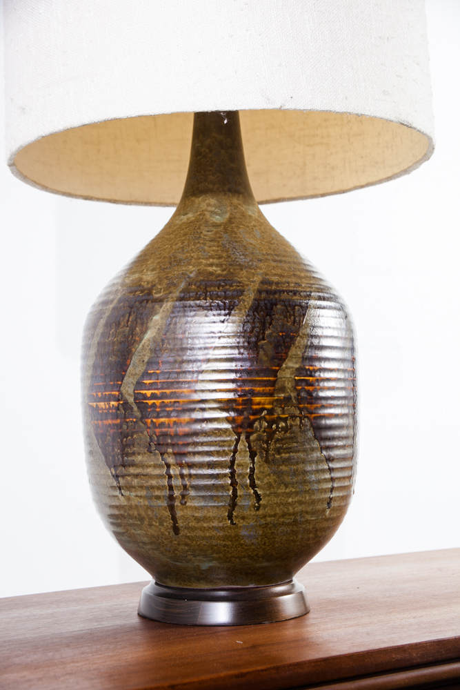 Mid Century Modern Table Lamp Set Pair Sy Allen California Green Orange Ceramic Floor Light Lighting Two Black Large - Image 3