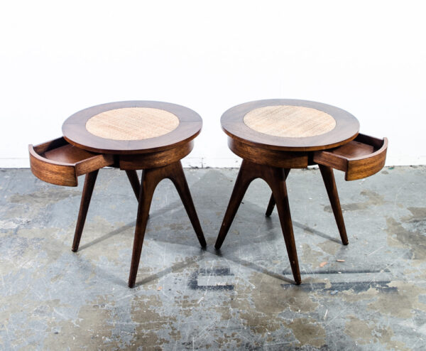 Mid Century Modern End Tables Side Nightstands Palecek Vintage Mahogany Round NM Caning Biomorphic - Image 2