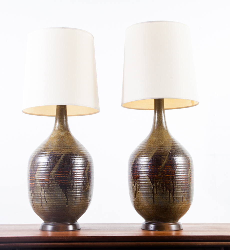 Mid Century Modern Table Lamp Set Pair Sy Allen California Green Orange Ceramic Floor Light Lighting Two Black Large