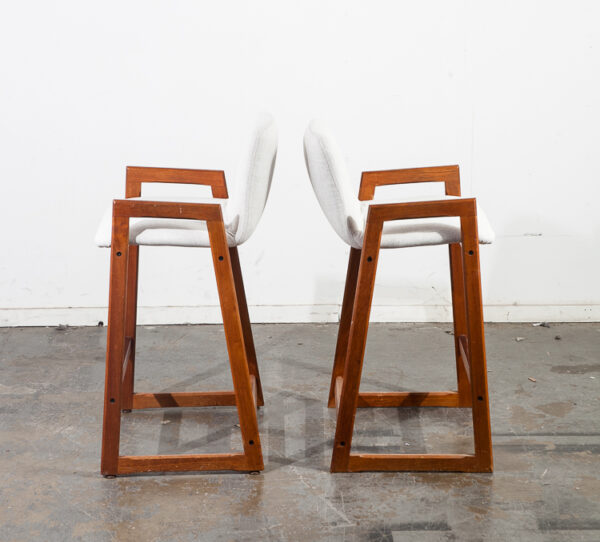 Mid Century Danish Modern Bar Stools Set 2 Seats Solid Teak White Reupholstered Denmark Vintage High Chairs Kitchen - Image 2
