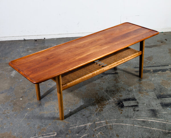 Mid Century Danish Modern Coffee Table Hans Wegner Adreas Tuck AT-10 Solid Teak Magazine Rack  Cane Oak Large Surfboard