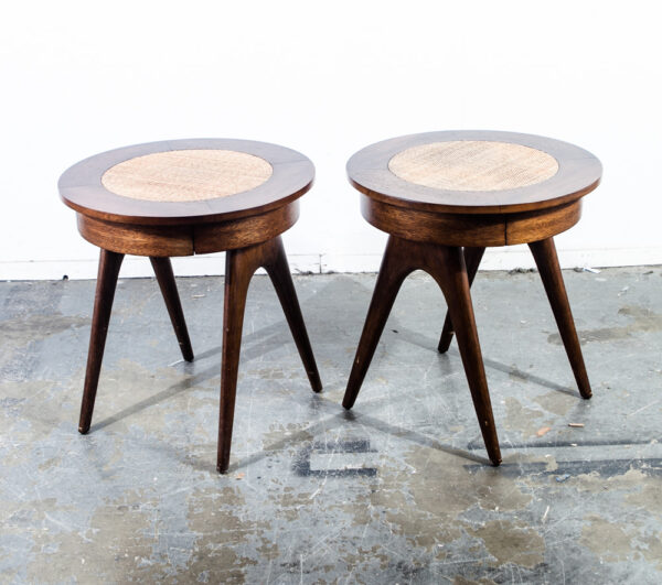 Mid Century Modern End Tables Side Nightstands Palecek Vintage Mahogany Round NM Caning Biomorphic