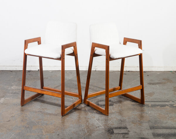 Mid Century Danish Modern Bar Stools Set 2 Seats Solid Teak White Reupholstered Denmark Vintage High Chairs Kitchen
