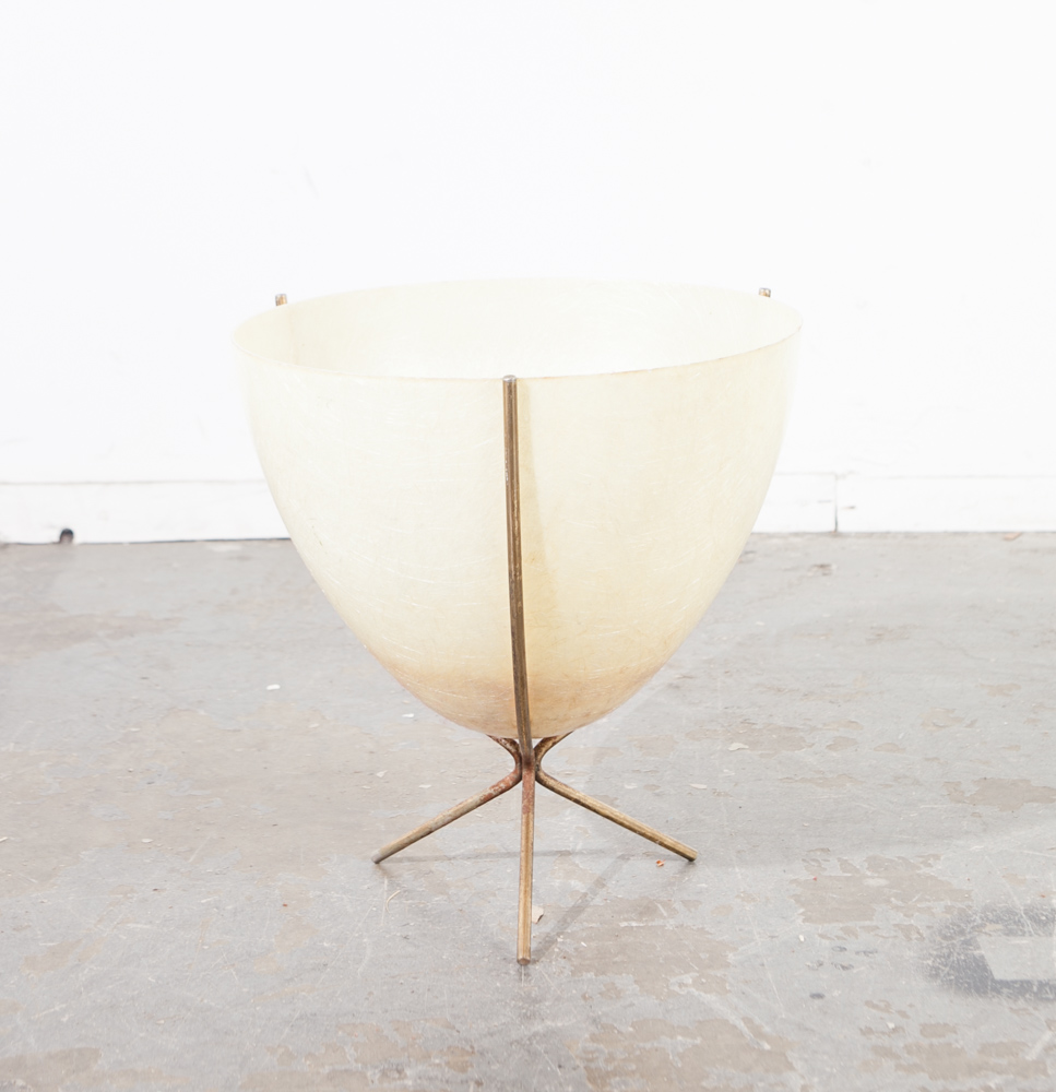 Mid Century Modern Planter Kimball Bullet Round Atomic Plant Stand Cream White Egg shell Metal Indoor Outdoor